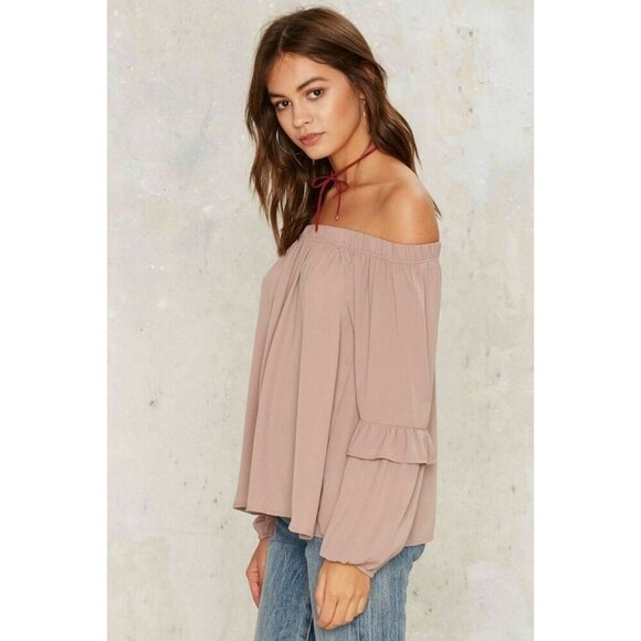 TCEC Womens Mauve Chiffon Lyric Bishop Sleeve Off-the-Shoulder Blouse Top Size M - Picture 9 of 12